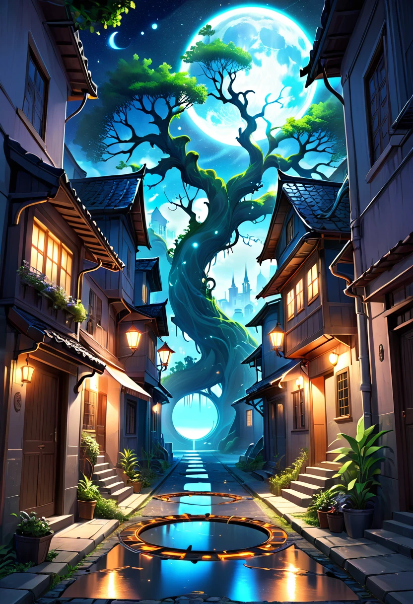 Mysterious alleys full of otherworldly charm, as if you have stepped into a realm where reality and fantasy intersect, its alleys, old tree branches reaching towards the stars like skeletal fingers, pale, glowing bioluminescent plants, manholes with glowing magic circle designs, houses made of neon, this scene is a breathtaking beauty and dream The scene is breathtakingly beautiful and dreamlike, inviting the viewer into a mystical embrace
