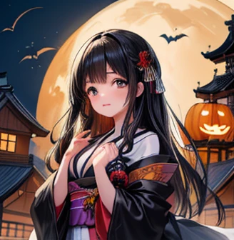 Illustration Wallpaper  ，((Best Quality)), ((masterpiece)), (   Details),      1 girl,     BEAUTIFUL GIRLS、 Japanese，   long black hair    ,    Halloween   ，
