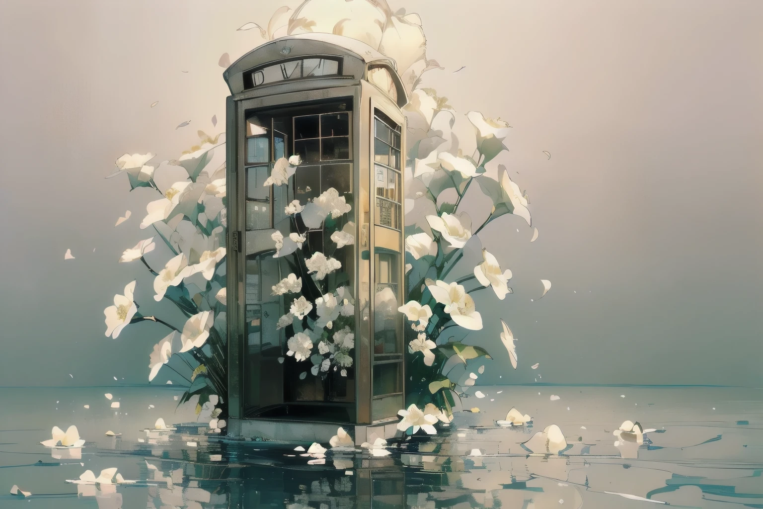 (((Masterpiece, top quality))), (((32K wallpaper))), ultra high resolution, gorgeous light leak, (((backlit))), highly detailed background, (((no humans))), highly transparent river, (((extremely detailed rusty phone booth with many white flowers)),  (((( very dull color )))), (((( white flowers in the water))), (((White petals fly)))