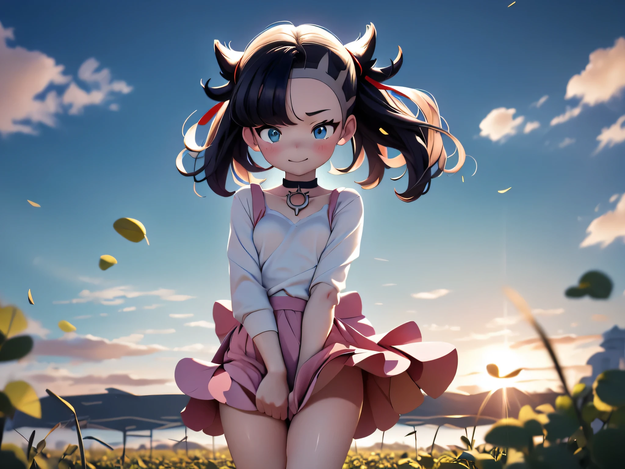 masterpiece, Best Quality,  high definition, Marnie, Light blue eyes,  black choker,  red ribbon,  pink dress,  jewelry,  short socks , Open the clothes,  Long Sleeve , cowboy shot,  standing , Field, holding Monster Ball, Monster Ball \(Basic\), smile,  mouth, (Perfect hands,  COMPLETE ANATOMY),  very nice, morning, sunlight,  best shadow ,  best writing, Small breasts, Small breasts , Hair Blown in the Wind,A little strong wind,(Positive)((( blanking、 Embarrassed Expression )),(((  skirt flips over in the wind)))