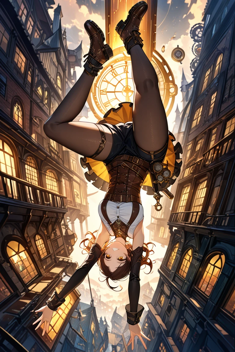 a crayz scientist standing in center on mysterious surreal alley,dreamlike atmospere, upside down building in steampunk style architecture, uneven size, ethereal glow, vivid colo,dark shadow,detailed texture, mix between fantasy and steampunk, no gravity, no rules, beautiful girl also ,looking ,flip,upside down from the view,cinematic,detailed textures,detailed img, high quality scenery,(visual impact:1.2),detailed anatomy,smile,dynamic pose,action pose,yellow eyes, time machine,((best quality,masterpiece,high quality,4k UHD))