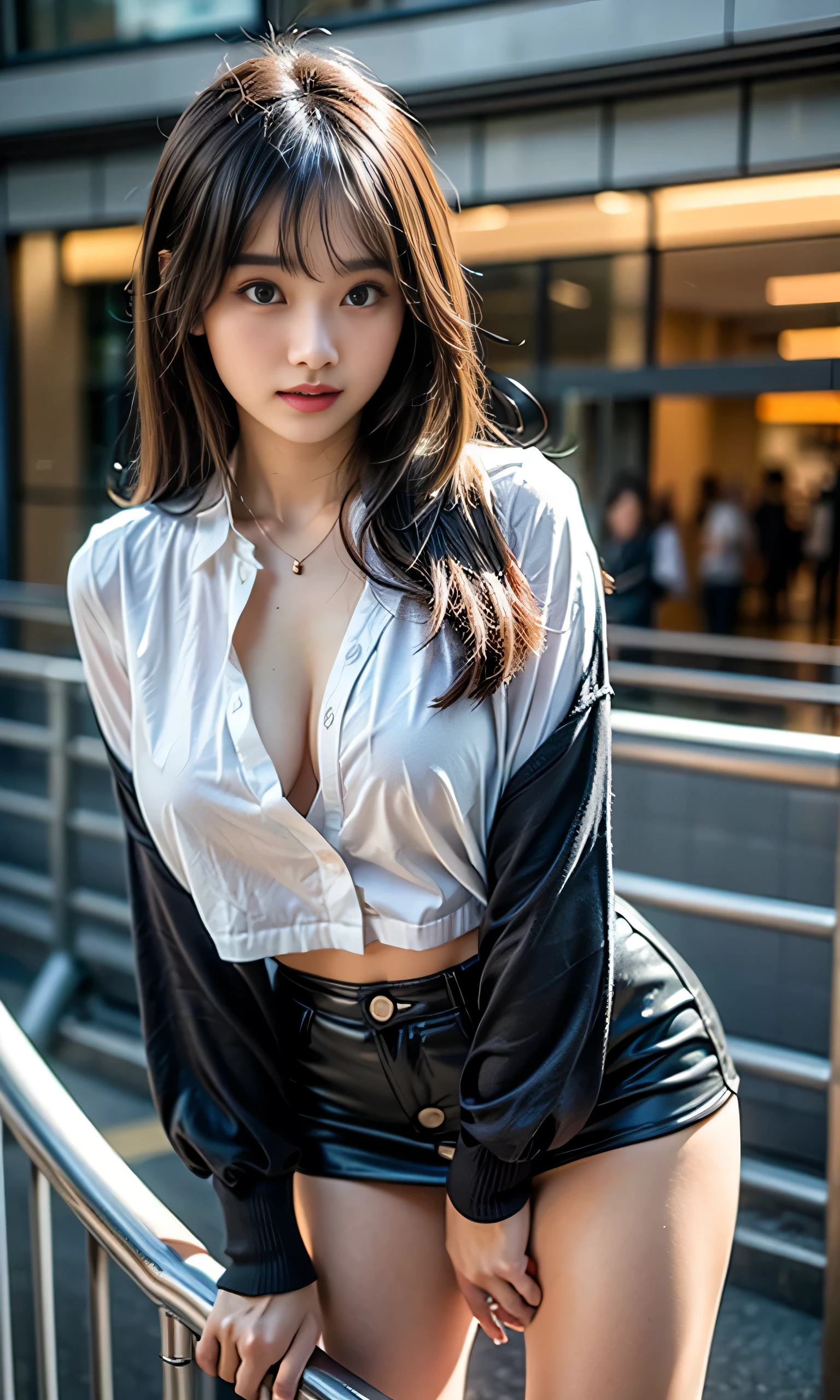 (Raw-Photo)、(​masterpiece、Top  Quality:1.3、ultra-definition)、(ultra detailed 8k cg:0.4)、(A hyper-realistic:1.35)、(Photorealcitic:1.45)、(realisitic:1.5)、Open-air bath、Outside the house、stand up、(((wearing school uniform, miniskirt)))、Beautiful women、Age 18、supermodel、Perfect Figure:1.4、(Curved chest)、((photorealistic lighting))、Clear Focus:1.2、break、 1girll、Perfect Body Beauty:1.4、Slim Abs:1.1、((Dark-brown hair:1.2))、(Accelerate:1.4)、bangss、(Slim Faces、Microscopic eyes、Narrow Eyes)、Double eyelidd、((closed mouth))、length hair、Front view、fluttering hair、bobbed black hair, cleavage of the breast、necklaces、school uniformss, miniskirt, filmgrain