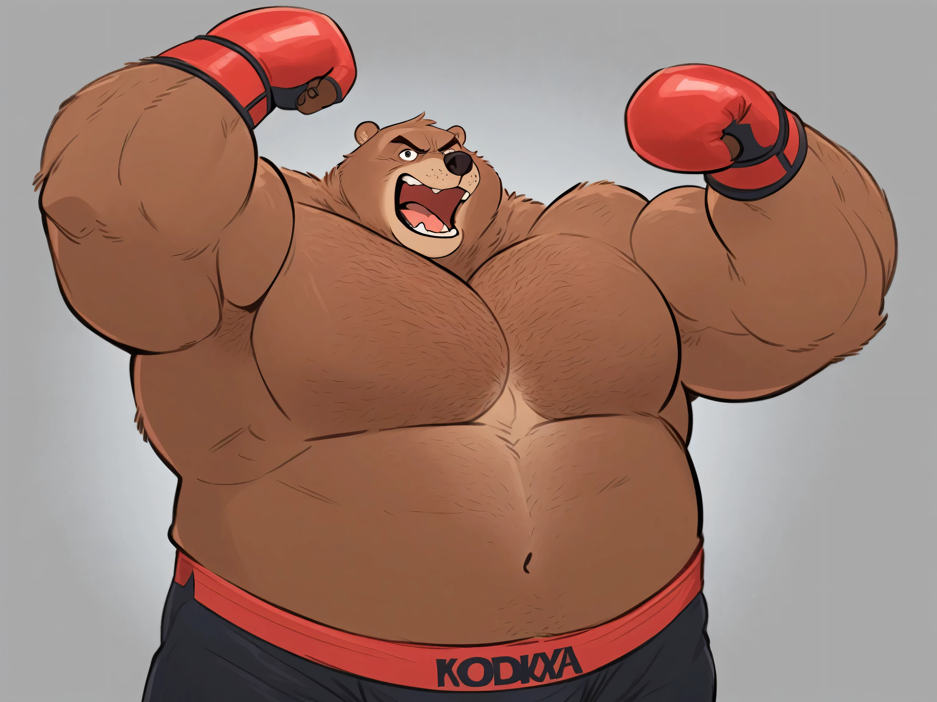 Solo, 1boy, Muscular Old, angry, focus, look at viewer, wide shoulder, pectoral, thick arms, huge pectoral, wide pectoral, height: 220cm, weight: 440lbs, a Kodiak brown bear in an MMA shorts with red slits wearing an MMA gloves with red knuckle pads and an ankle support brace as he workouts in the gymnasium warehouse, Walt Disney 2D Zootopia Animation Art Style, 