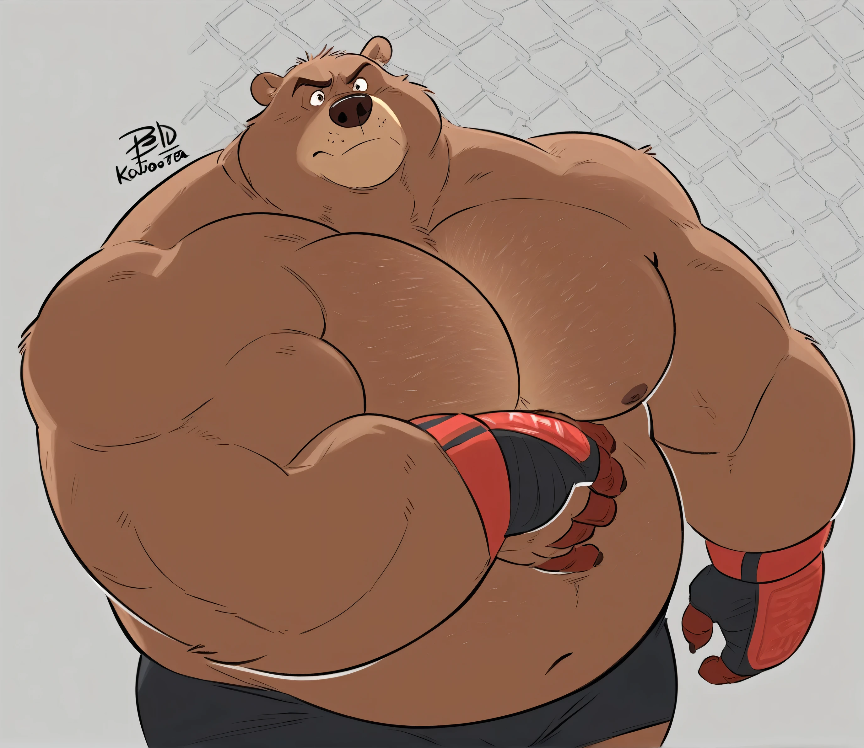 Solo, 1boy, Muscular Old, angry, focus, look at viewer, wide shoulder, pectoral, thick arms, huge pectoral, wide pectoral, height: 220cm, weight: 440lbs, a Kodiak brown bear in an MMA shorts with red slits wearing an MMA gloves with red knuckle pads and an ankle support brace as he workouts in the gymnasium warehouse, Walt Disney 2D Zootopia Animation Art Style, 