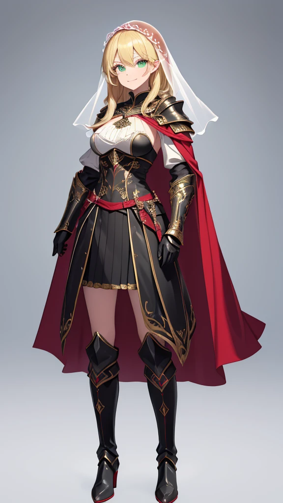 masterpiece, Best Quality, (( no background)),((1 red cloak on the shoulder ,Luxuriously Decorated Black Armor ,translucent white short veil,A standing picture of a tall woman)), huge breasts, Bust-length blonde ,Pale skin,smile,closed mouth,Green Eyes,wavy hair,   Black Thigh-High Boots ,Black Gauntlets,  Black ruffled skirt , Narrow eyes,  holding nothing in hand, Arched eyebrows,Young lady