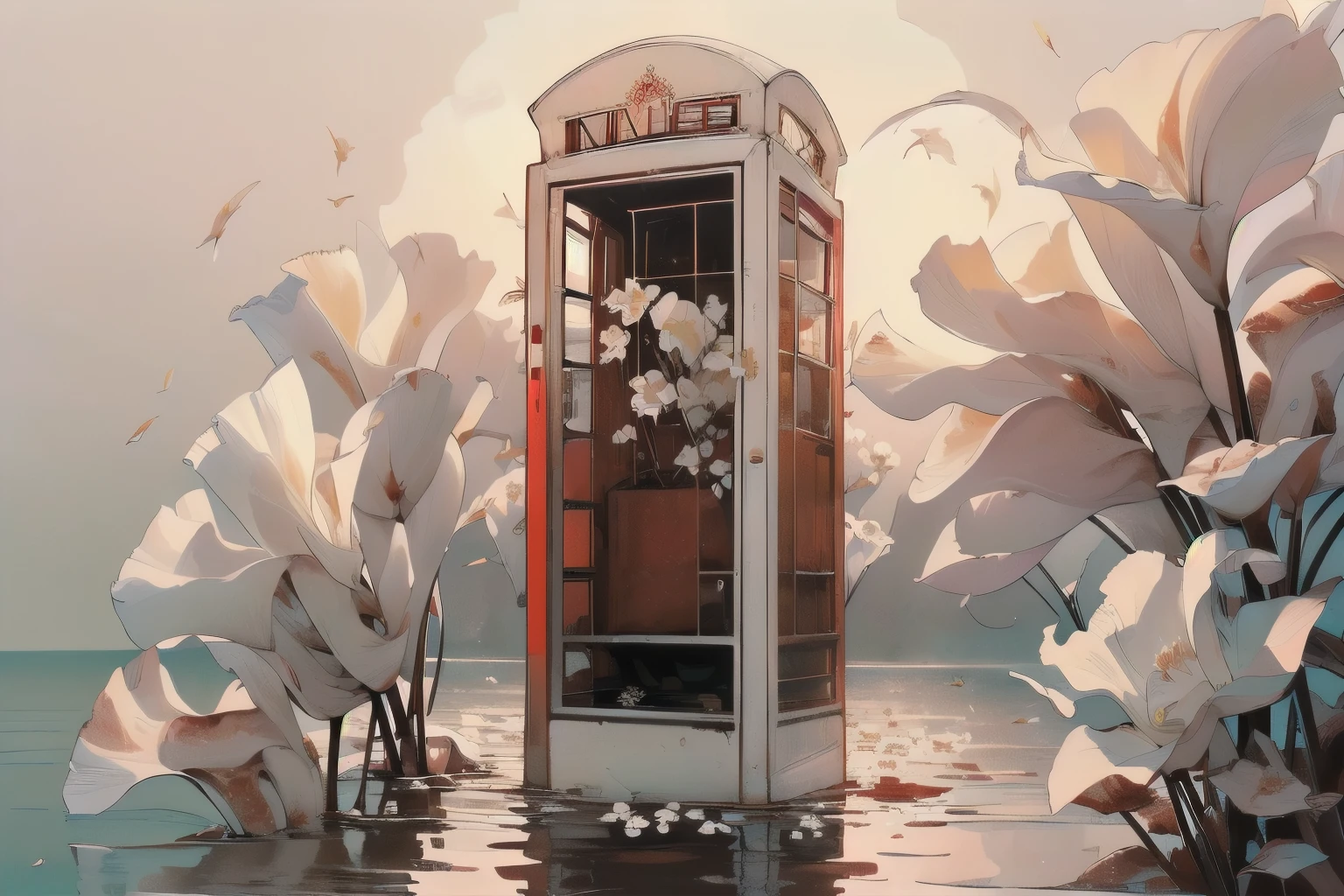 (((Masterpiece, top quality))), (((32K wallpaper))), ultra high resolution, gorgeous light leak, (((backlit))), highly detailed background, (((no humans))), highly transparent river, (((extremely detailed rusty red phone booth with many white flowers)),  (((( very dull color )))), (((( white flowers in the water))), (((White petals fly)))、Mr.々Angle