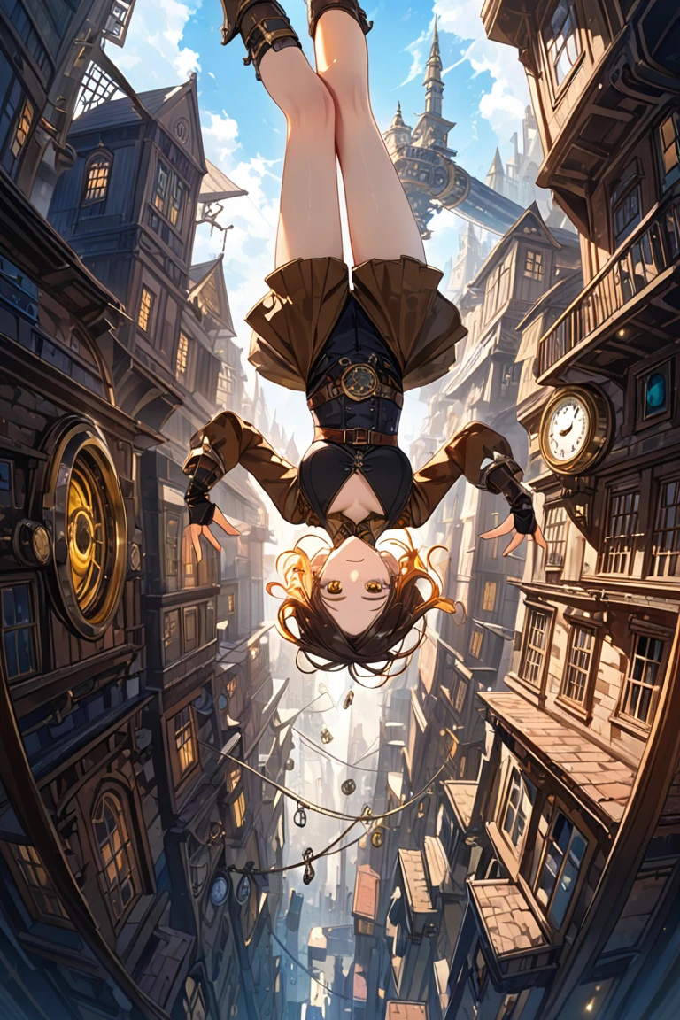 a crayz scientist standing in center on mysterious surreal alley,dreamlike atmospere, upside down building in steampunk style architecture, uneven size, ethereal glow, vivid colo,dark shadow,detailed texture, mix between fantasy and steampunk, no gravity, no rules, beautiful girl also ,looking ,flip,upside down from the view,cinematic,detailed textures,detailed img, high quality scenery,(visual impact:1.2),detailed anatomy,smile,dynamic pose,action pose,yellow eyes, time machine,((best quality,masterpiece,high quality,4k UHD))