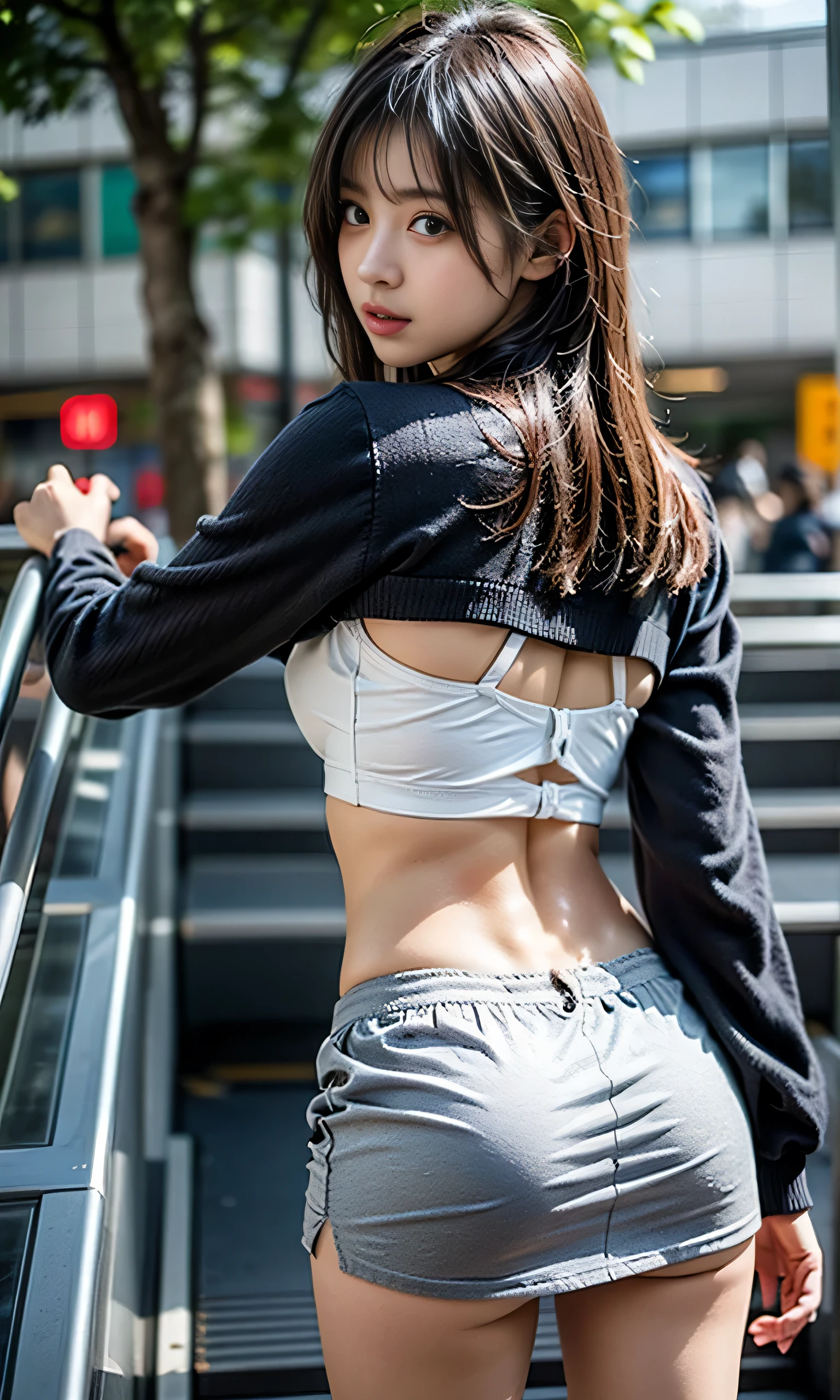 Escalator Skirt、Department Stores、Gorgeous、High school girl、１８age、 cute girl 、 fall fashion、Long sleeve blouse、 Cardigans 、(( miniskirt in length:1.3))、White low rise panties、 （Lift clothes to chest with both hands:1.4）、（Please expose your bra:1.5）、 thigh close-up  、Rear view、 Very Low Camera Angle、Hunchback、 Bending over 、Panty shot、I can see my butt and I can't see it