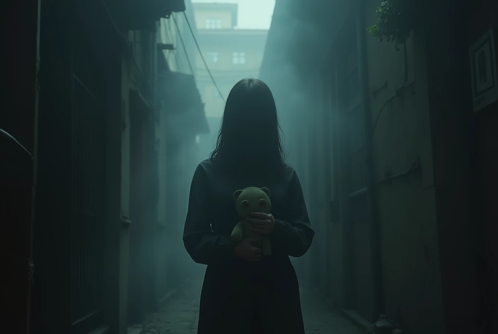 ((masterpiece, highest quality, Highest image quality, High resolution, photorealistic, Raw photo, Extremely detailed CG unified 8k wallpaper)), Dramatic Light, Volumetric Light, Mysterious Alley, A faceless girl is standing holding a stuffed toy, A  girl, her face obscured by a black mist. View from below, 