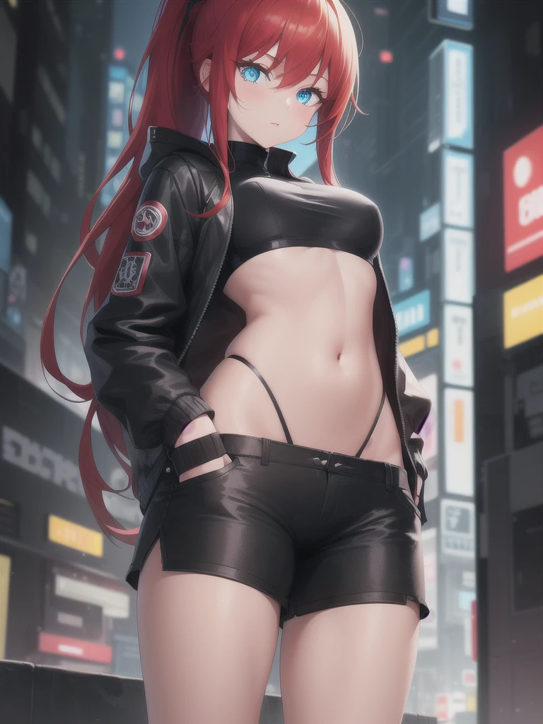 (masterpiece, best quality:1.2),
1girl, solo, standing, 
red hair, long hair, high ponytail,
blue eyes, long eyelashes, thick eyelashes, looking at viewer,
medium breasts,
lowleg shorts, groin, (black shorts:1.2), open jacket, black jacket, white shirt,
neon, city, cyberpunk,
 