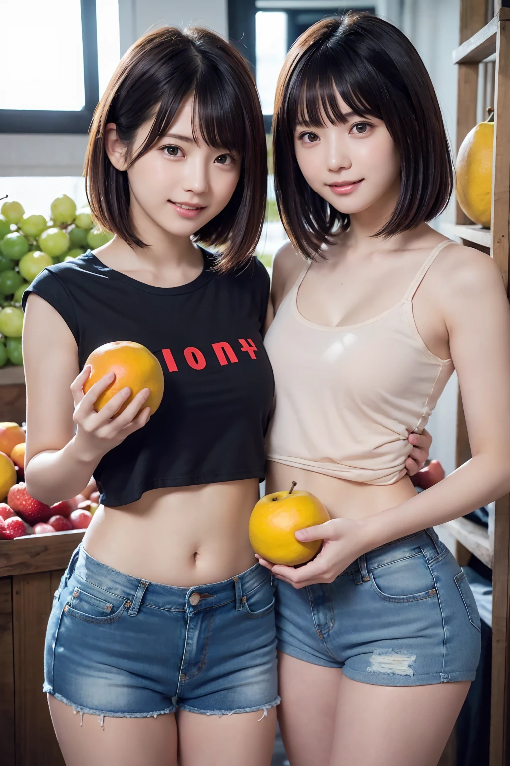 Shooting from above、(((The two of them are lying on their backs on a large table.)))、(2 women),(Very large breasts、Very heavy chest),20-year-old,young woman、Japanese、Colorful Hair, Short Hair,beautiful girl、slender、thin,Glaring expression,(((Completely naked))),(((Beautiful nipples are visible))),Accentuate your breasts,White skin、A large amount of is covering the whole body.、Both arms are down、photograph, Realistic, highest quality, Detailed face,、camp site、barbecue、Outdoor、sunlight、(((Lots of food on the table、A large amount of food around a woman's chest、The two of them are lying on their backs on a large table.)))、Written boundary depth, Bokeh,Watching the audience、Sad face、(((Face is reflected))),(((Exposing her breasts))),(((Exposed nipples))),The fingers are not visible、,(((Exposing her breasts))),(((Exposed nipples))),,(((Exposing her breasts))),(((Exposed nipples))),(2 women),(((The two of them are lying on their backs on a large table.)))、