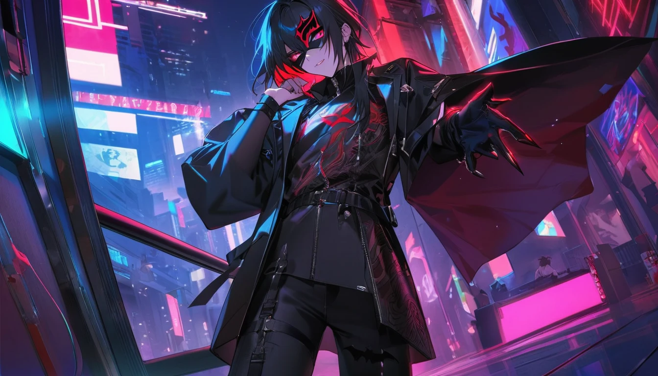 ” a male character wearing a black and red mask with a drawing of demon fangs,  clothes engraved with the name  "Ketzuki Jarewor " ",  full body on the right side of the image , (name on his clothes : Ketzuki Jarewor  ), In one hand he holds a can of neon spray  ,cyberpunk theme,l2v  ,  Extremely detailed image,neon light,  masterpiece  , High level of detail,eyes, la mejor calidad