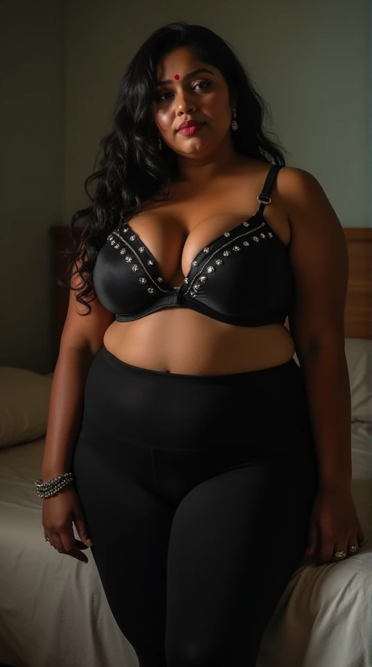 A hot Indian Girl, ebony skin, black hair, long hair style, voluptuous, plump, pregnant belly, wearing black bikini and fishnet stockings, chubby, big bust, locks eyes into the camera, symmetrical eyes, symmetrical face, photorealistic, photography, path tracing, specular lighting, volumetric face light, path traced hair, visible shadows, intricate, elaborate, curvy body, plump body, huge big ass, thick body, curvy body type, voluptuous body type, busty body type, thick body type, big chest, big, piercing nose, black e girl emo makeup, drooling, black eyelinner, wet body, wearing choker collar, (choker collar:1.5) , navel piercing