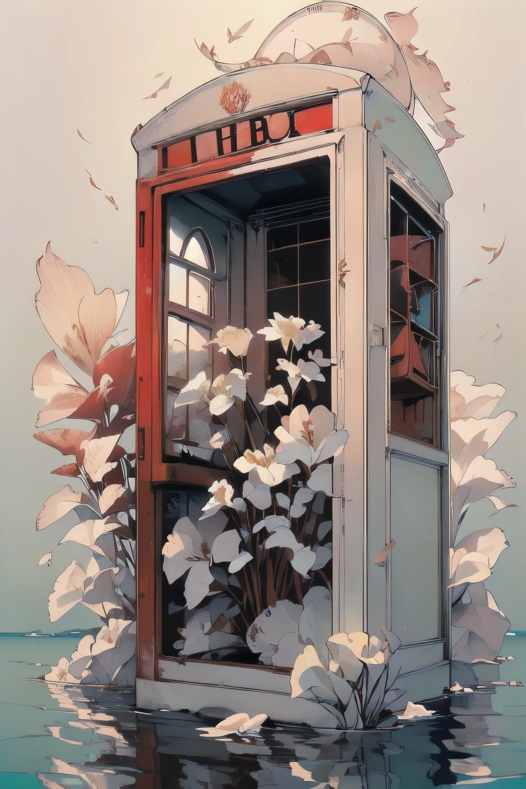 (((Masterpiece, top quality))), (((32K wallpaper))), ultra high resolution, gorgeous light leak, (((backlit))), highly detailed background, (((no humans))), highly transparent river, (((extremely detailed rusty red phone booth with many white flowers)),  (((( very dull color )))), (((( white flowers in the water))), (((White petals fly)))、Mr.々Angle