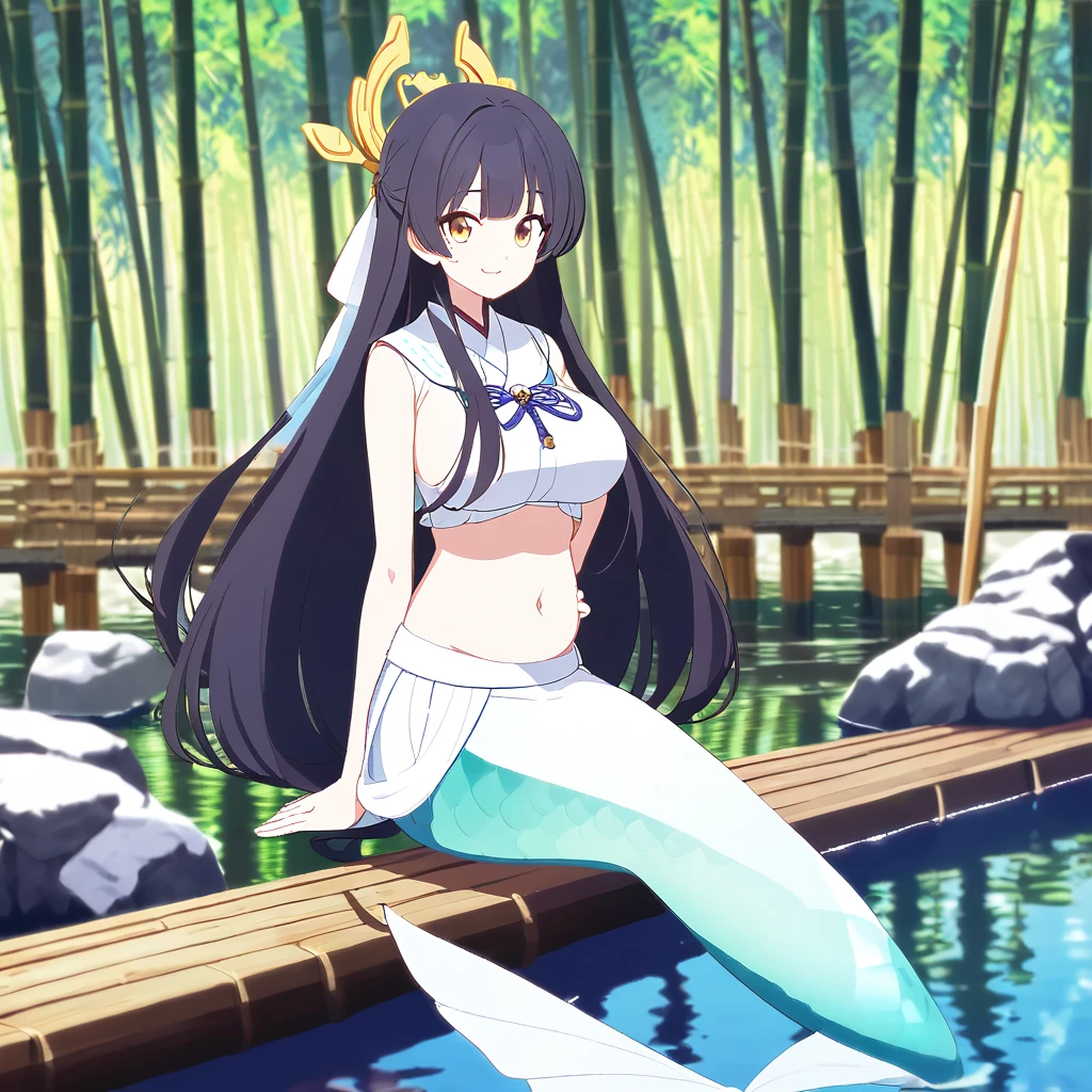 Anime full body mermaid girl beautiful, Mermaids wear white miko clothes, white mermaid tail below waistline, belly, long black hair, yellow eyes, bamboo forest japan, sit on side lake, looking at viewer, large breasts, smile, hands on hips, 