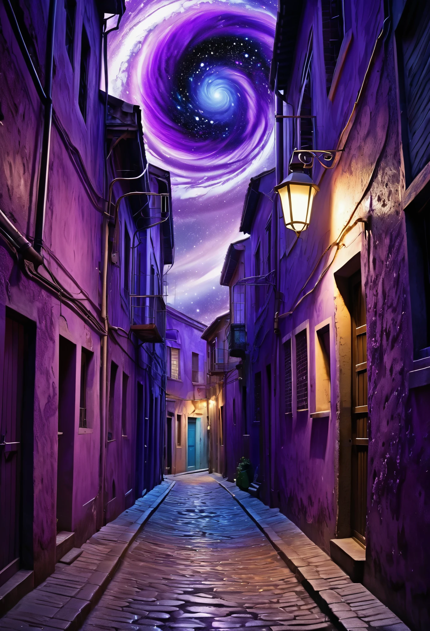 It was a very ordinary alley, but at the end of the alley was something huge and purple and swirling, a galaxy could be faintly seen within the swirl, various effects, delicate and dynamic textures, contrasts of light and shadow, 2.5D, artistic photography, hyper realistic, digital graphic CG fantasy art, BREAK ultra detailed, absolutely resolution, best quality