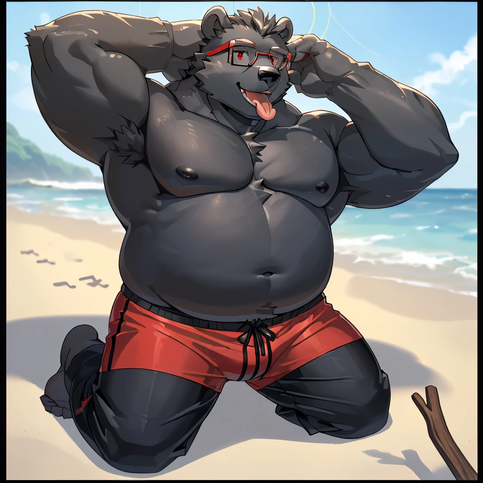 Furry Art, ((Black bear)), ((full-body shot)), ((wear glasses)), portrait photo, ((Light grey eyebrows)), ((Red glasses)), beach, ((Slightly obese)), (Smile), ((Facing the camera)), ((There is a  all over the body)), ((((Hypnotized eyes)))), ((((Stick out your tongue)))), ((((Hands on the back of head)))), ((((Kneeling on the ground)))), ((((Barefoot)))), ((Blurred eyes)), ((((Black hair)))), ((((Black appearance)))), ((Red and black swimming trunks)), ((((The crotch is raised)))), ((((No clothes)))), ((Red eyes)), ((((pants only)))), ((((Black skin)))), ((((Black hair)))), ((All black)), official art, 8k, Ultra Detailed, masterpiece