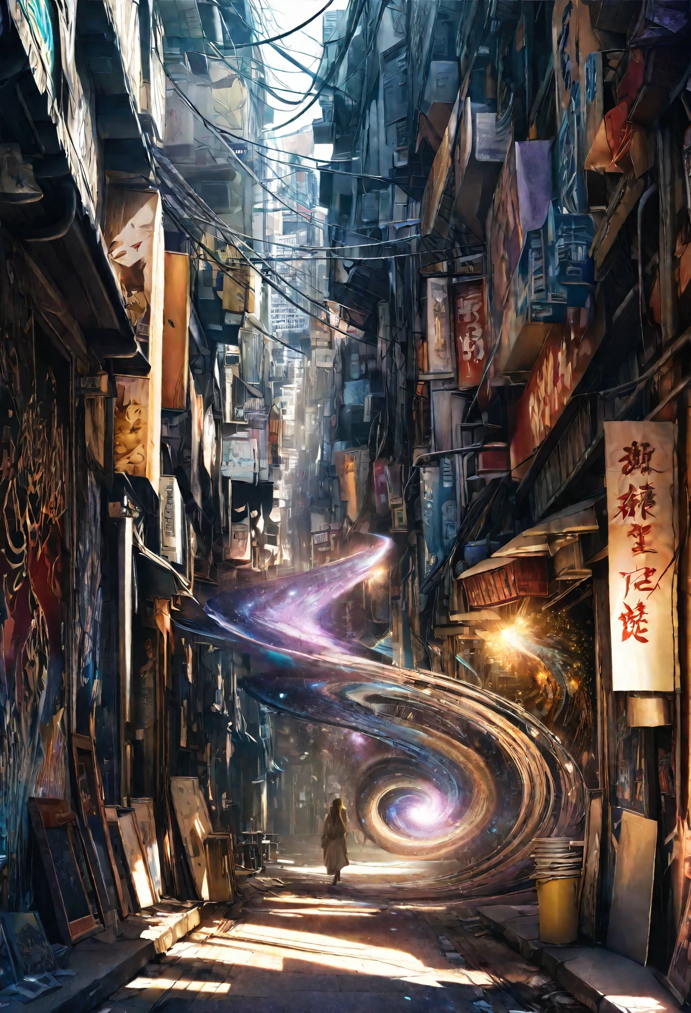 It was a very ordinary alley, but at the end of the alley was something huge and purple and swirling, a galaxy could be faintly seen within the swirl, various effects, delicate and dynamic textures, contrasts of light and shadow, 2.5D, artistic photography, hyper realistic, digital graphic CG fantasy art, BREAK ultra detailed, absolutely resolution, best quality