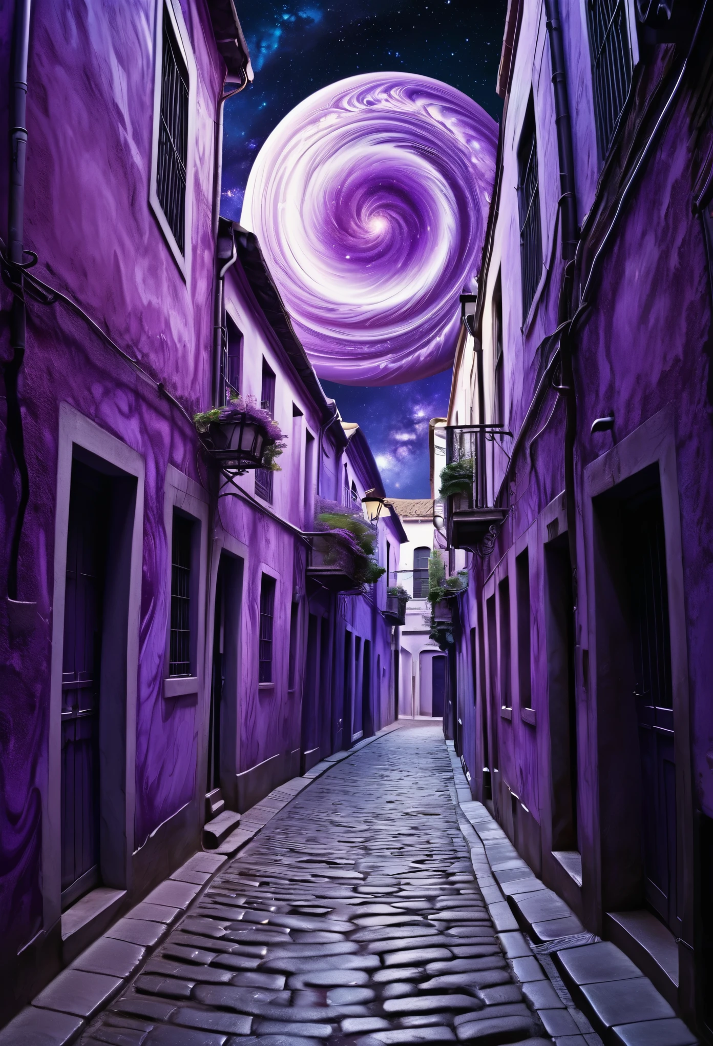 It was a very ordinary alley, but at the end of the alley was something huge and purple and swirling, a galaxy could be faintly seen within the swirl, various effects, delicate and dynamic textures, contrasts of light and shadow, 2.5D, artistic photography, hyper realistic, digital graphic CG fantasy art, BREAK ultra detailed, absolutely resolution, best quality