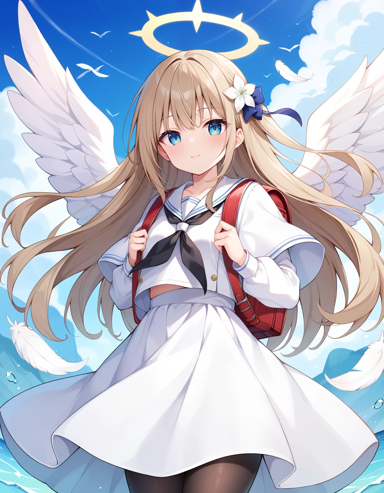 Masterpiece, hd, best quality, nagisa,  hair flower, sailor collar, white dress, blue sky, neckerchief, black pantyhose, capelet, halo, light brown hair, feathers, feathered wings, angel wings, white sailor collar, white wings, black neckerchief, standing, outdoor, wearing randoseru backpack, red backpack 