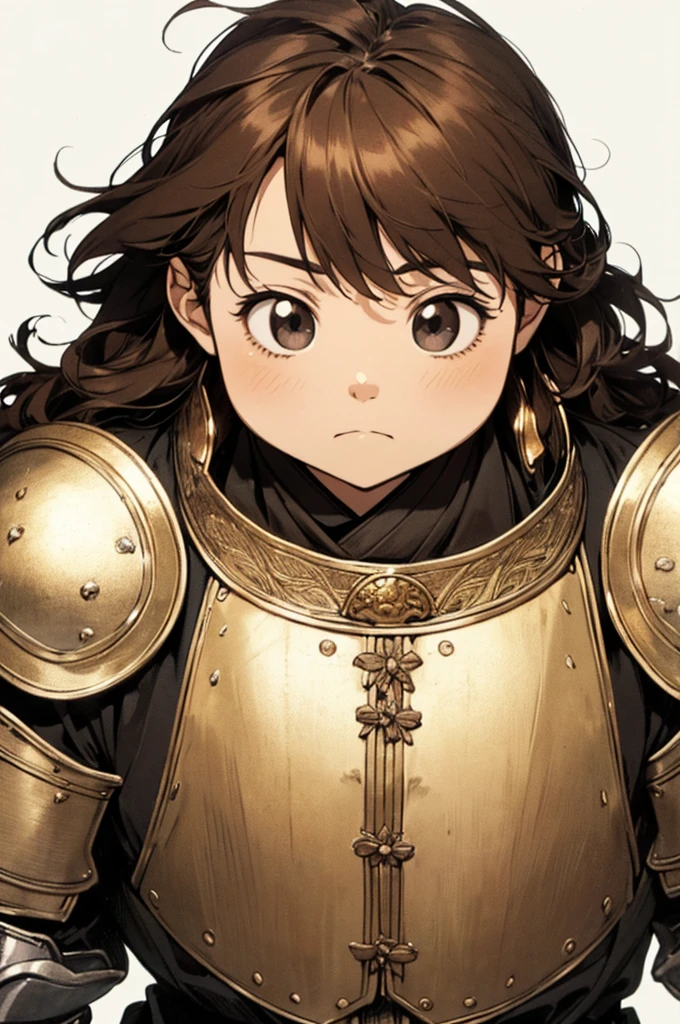 ( excellent quality ), (high resolution), (absurd play), ((young )), brown hair, ((arita haruyuki)), character looking at the camera, Detailed face, ((medieval)), (((simple black clothes))), (portrait), ( small eyes), green eyes, (dwarf), (WARRIOR), village background, (solo), (young), (fat), (black eyes), (wearing golden armor)