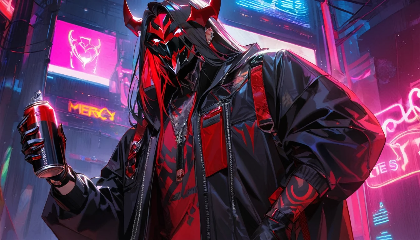 ” a male character wearing a black and red mask with a drawing of demon fangs,  clothes engraved with the name  "Ketzuki Jarewor " ", Black and red mask drawing of demon fangs ,  In one hand he holds a can of neon spray  ,cyberpunk theme,l2v  ,  Extremely detailed image,neon light,  masterpiece  , High level of detail,eyes, la mejor calidad