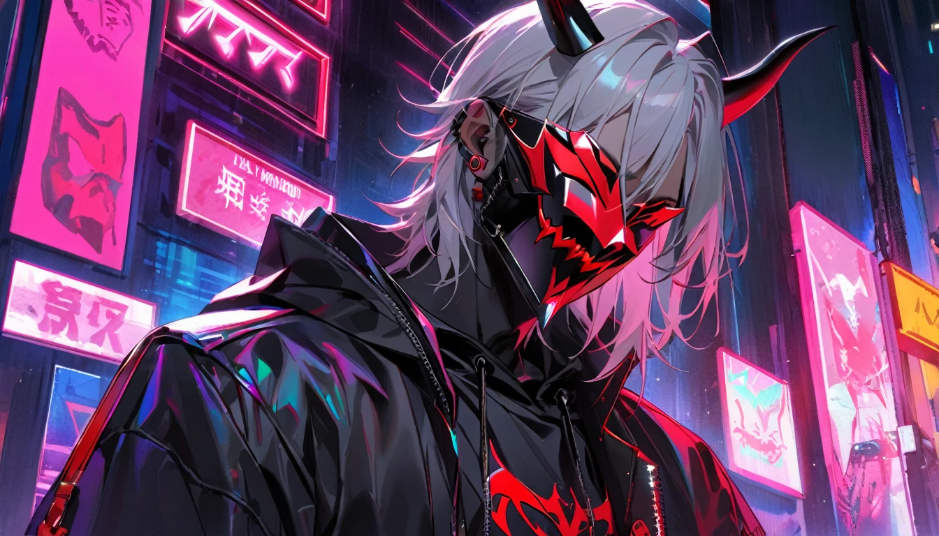 ” a male character wearing a black and red mask with a drawing of demon fangs,  clothes engraved with the name  "Ketzuki Jarewor " ", Black and red mask drawing of demon fangs ,  In one hand he holds a can of neon spray  ,cyberpunk theme,l2v  ,  Extremely detailed image,neon light,  masterpiece  , High level of detail,eyes, la mejor calidad