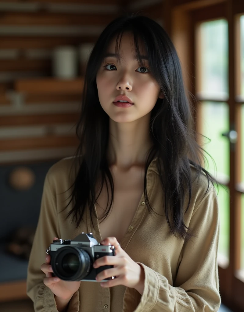 A Japanese woman, high definition, 8K quality, masterpiece, a girl taking pictures in front of a camera, real, long black hair, vintage beige shirt open in front, standing in a log cabin in Canada, gazing at the sky with a wise expression, low lighting, pale skin, small breasts, old photo, a precious photo of her broken heart