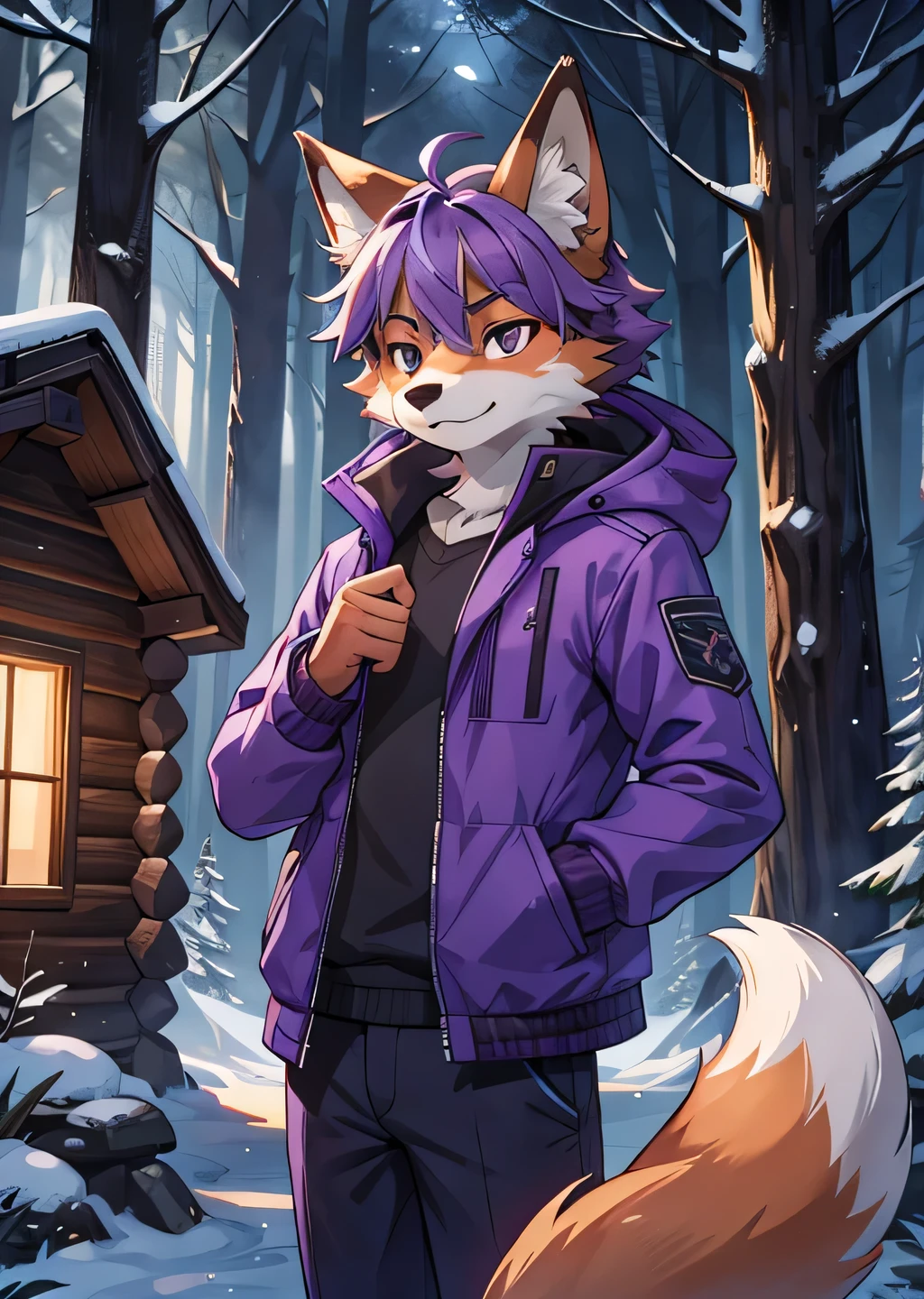 masterpiece,best quality , handsome furry fox ,outdoor , Beige hair with purple highlights, purple jacket, background of a cabin in a dark forest