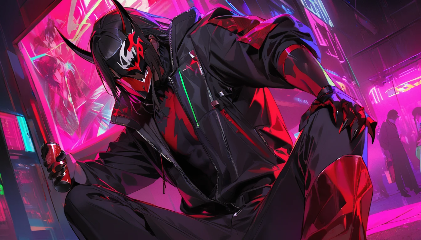 ” a male character wearing a black and red mask with a drawing of demon fangs,   engraved with the name    " Ketzuki Jarewor  ",  full body , Drawing of a black and red mask from demon fangs  ,   In one hand he holds a can of neon spray   ,cyberpunk theme,l2v   ,   Extremely detailed image,neon light,   masterpiece   ,  High level of detail,eyes, la mejor calidad