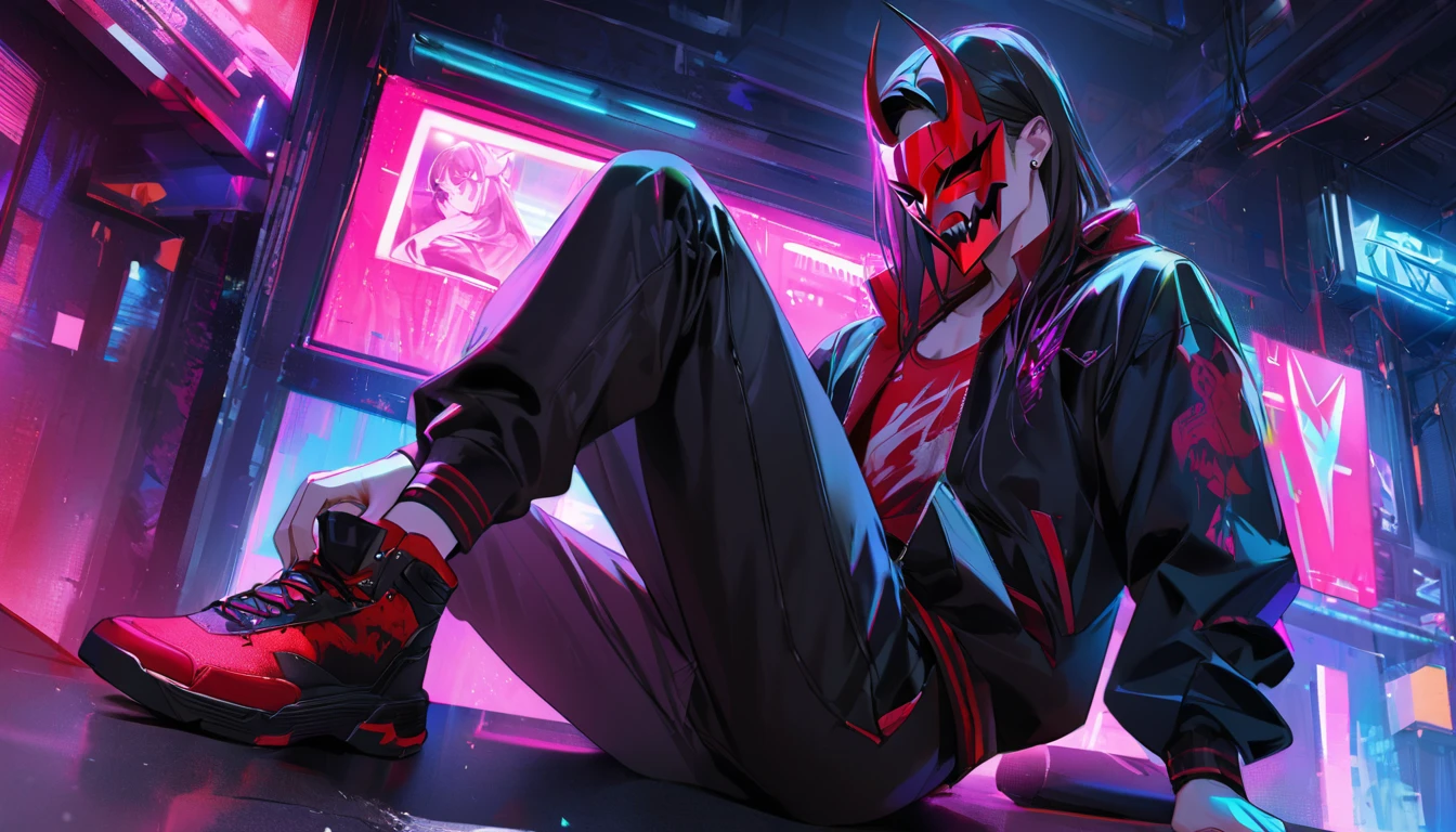 ” a male character wearing a black and red mask with a drawing of demon fangs,   engraved with the name    " Ketzuki Jarewor  ",  full body , Drawing of a black and red mask from demon fangs  ,   In one hand he holds a can of neon spray   ,cyberpunk theme,l2v   ,   Extremely detailed image,neon light,   masterpiece   ,  High level of detail,eyes, la mejor calidad