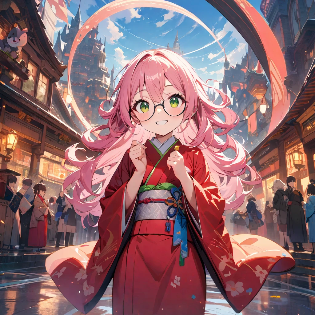   Ultra-fine,masterpiece,  Awards ,Best Quality,1 person,cute ,kimono, girl, spiral hair ,   pink hair,Long Hair,Round Glasses,Clear skies,Reflected Light,Introvert,The best smile,Green Eyes,fantasy city,