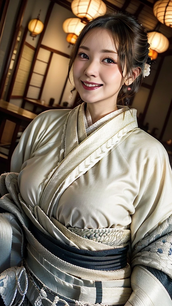  one woman、huge breast、thin waist、wide hip、thick thighs、cleavage、(evil smile)、(kimono maid:1.3)、indoor、Japanese and Western、tatami、 dining table、Shoji screen、 chandelier、hanging scroll、 coffee cup 