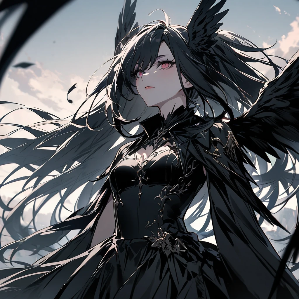 (((Masterpiece))),Best quality, Extremely detailed CG unity 8k, illustration, contour deepening beautiful detailed glow,(Beautiful detailed eyes), (1 girl:1.1), ((my)), Large top sleeve, Floating black ashes, Beautiful and detailed black, Red Moon, ((black cloud)), (Black wings) , the sky with clouds, Burning, Black dress, (Beautiful detailed eyes), Blackface was expressionless, beautiful detailed white gloves, (crow), bat, (floating black cloud:1.5),White and black hair, Disheveled hair, Long bangs, hairs between eyes, Black knee-length heels, Black ribbon, white bowties, midriff,{{{half closed eyes}}},((Black fog)), Red eyes, (Black smoke), complex pattern, ((Black feathers floating in the air)), (((arms back behind)))