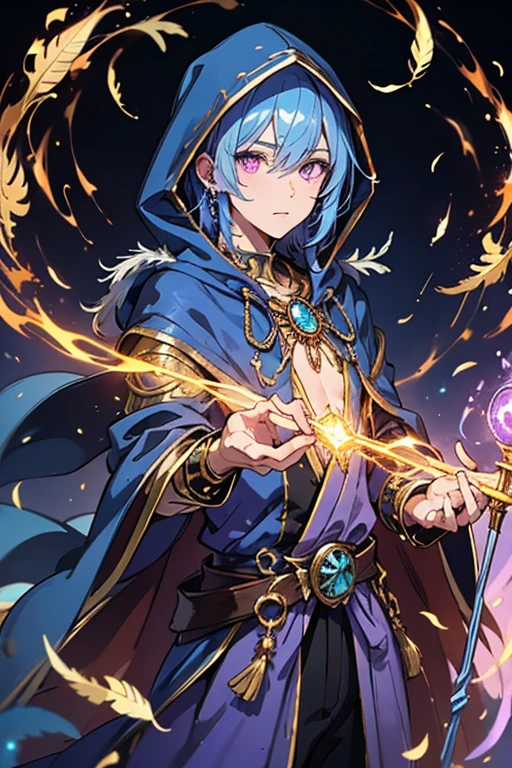 1male, blue and purple robe, gold jewerly, hood, feathers, blue feather cape, magic staff, blue and purple magic, magic background, glowing purple eyes, tzeentch cultist, psionic magic, blue hair, magic eyes, high detail, ultra detail, high res, casting a spell, boy, , hooded cloak