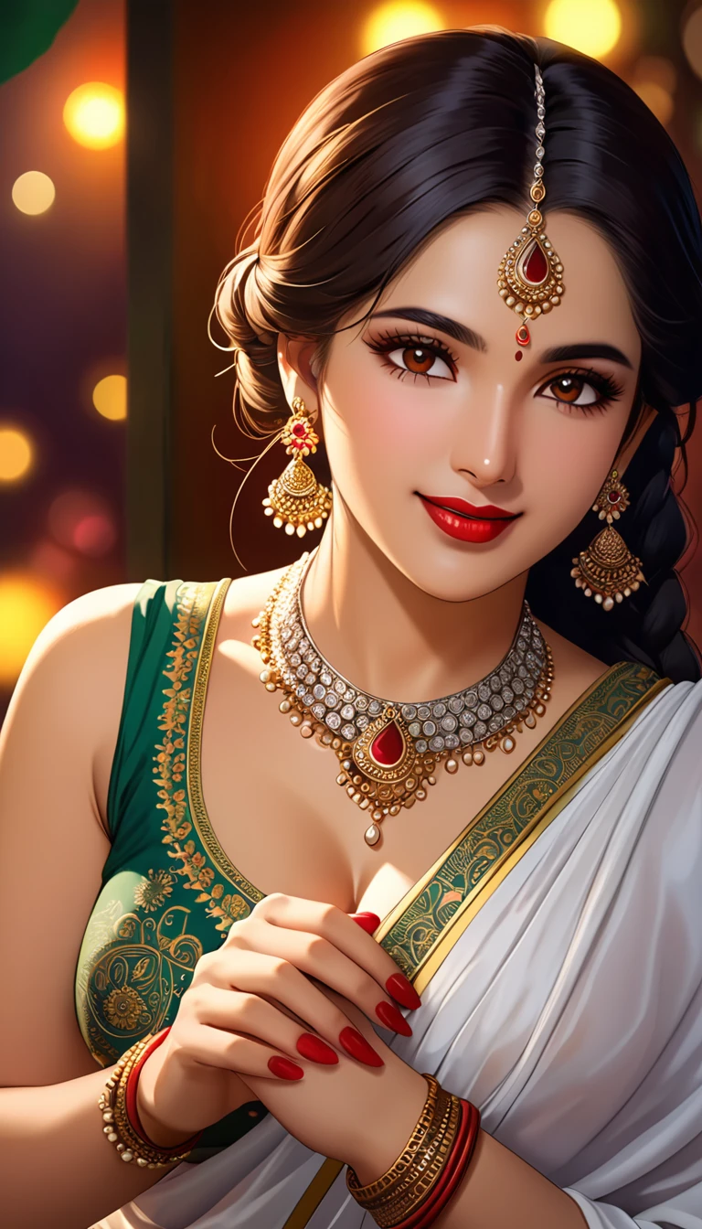 a young woman leaning down, single hair braid, detailed alluring eyes, smooth detailed lips, beautiful face, smiling, red lipstick, navel, bangles, saggy breasts, small cleavage, beautiful floral white saree with intricate patterns, big long jhumka earrings, ),HDR,UHD,studio lighting,ultra-fine painting,sharp focus,physically-based rendering,extreme detail description,professional,vivid colors,bokeh,portraits,chiaroscuro lighting,dramatic lighting,cinematic lighting, celebrating Diwali festival, background house entrance,diwali,manga tikka , jewellery, diamond necklace,silver necklace,silver chain, bangles,silver bangles,rings, wedding ring,nail polish,makeup eyeshadow ,white skin