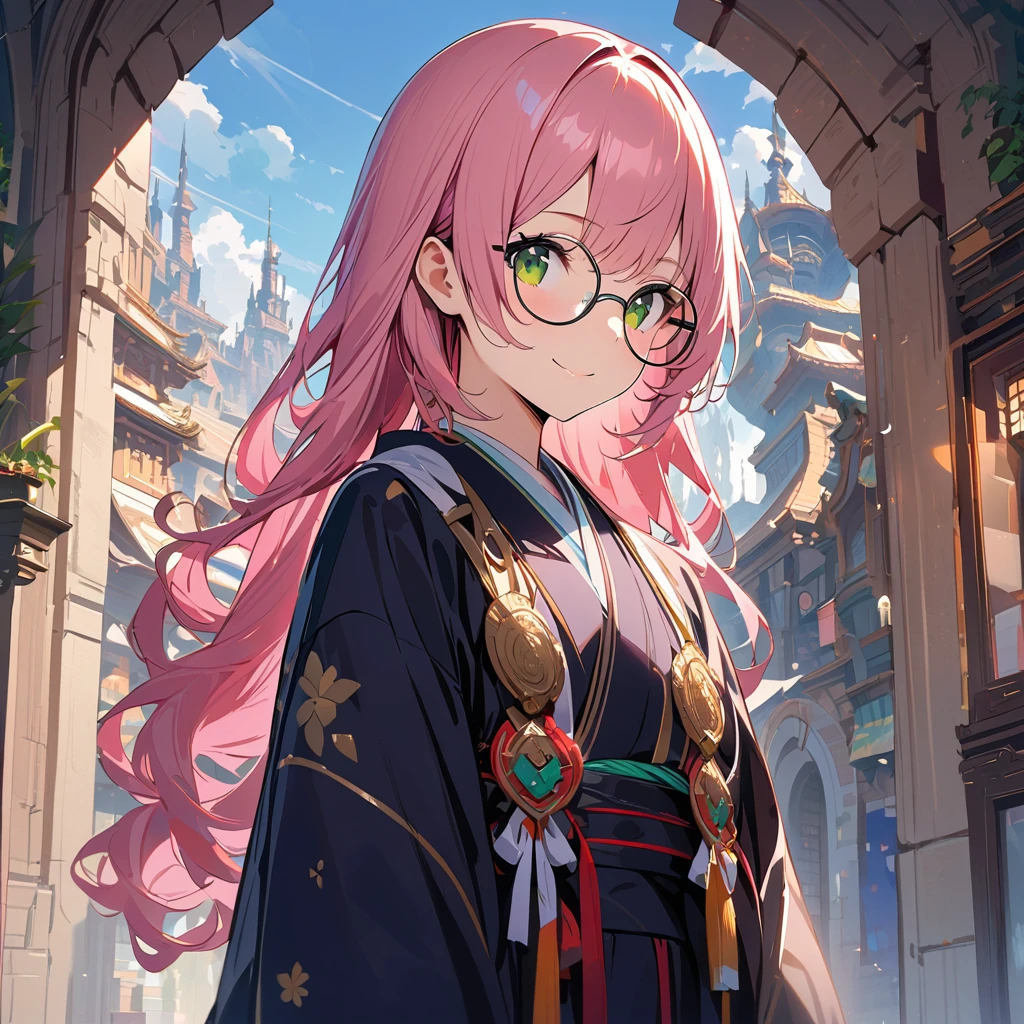   Ultra-fine,masterpiece,  Awards ,Best Quality,1 person,cute ,kimono, girl, spiral hair ,   pink hair,Long Hair,Round Glasses,Clear skies,Reflected Light,Introvert,The best smile,Green Eyes,fantasy city,