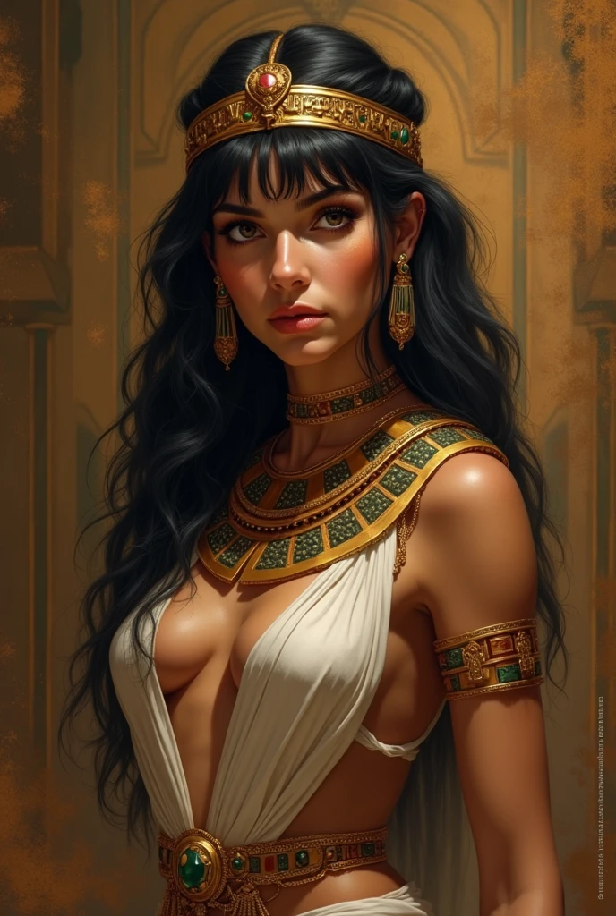Create a picture of Cleopatra looking slightly angry in the present day with a robust body, white, greek style, slickedback hair, Eye Brown, businesswoman