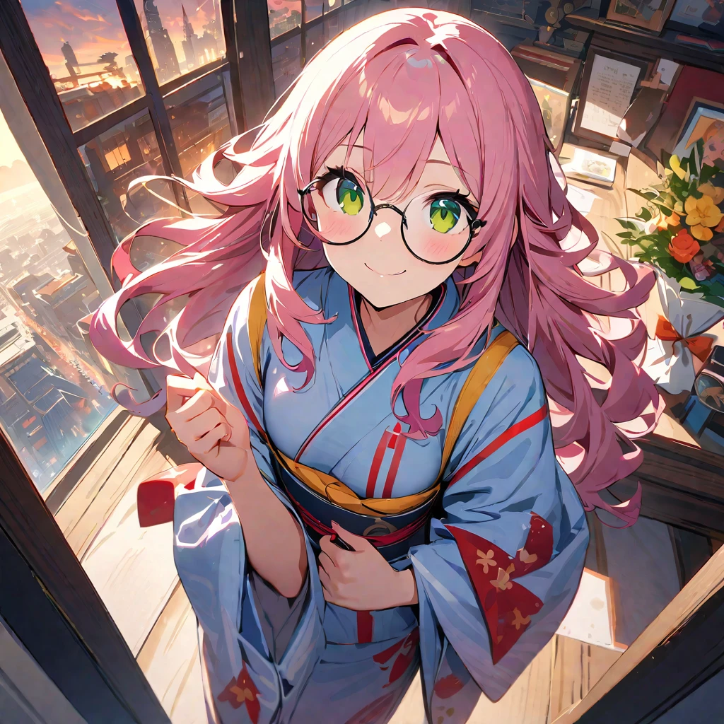   Ultra-fine,masterpiece,  Awards ,Best Quality,1 person,cute ,kimono, girl, spiral hair ,   pink hair,Long Hair,Round Glasses,Clear skies,Reflected Light,Introvert,The best smile,Green Eyes,fantasy city,