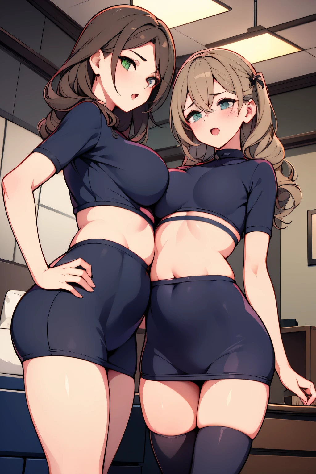 Two girls standing next to each other in the bedroom, (Identical twins). Girls wear black leather that is much too tight, (belly free) Girls have big breasts , Girls have shapely ass . Girls are slim , Girls look at viewers . Girls look shy and excited , Girls have light brown long hair , Girl have light green eyes ,