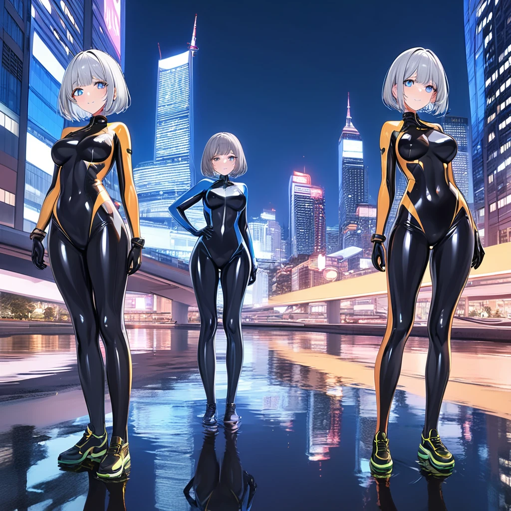 (Multiple girls),(最High image quality, 8k, masterpiece:1.3), (24 years old:1.5), (Grey Hair), ( bob cut ), (Oblique sky blue eyes), ((全身 rubber suit、 black、yellow line、no zipper 、 rubber suit、Gloss、reflection、Perfect fit、Full body shot、City、Office District、Night view)), ([Ultra Clear:1.5), (Glossy skin:1.1),(Pale skin:1.1),High image quality、Clear contours