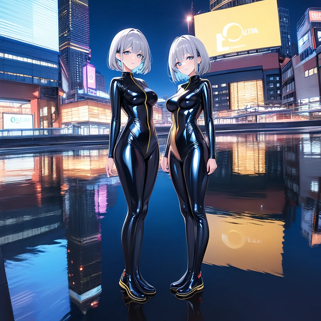 (Multiple girls),(最High image quality, 8k, masterpiece:1.3), (24 years old:1.5), (Grey Hair), ( bob cut ), (Oblique sky blue eyes), ((全身 rubber suit、 black、yellow line、no zipper 、 rubber suit、Gloss、reflection、Perfect fit、Full body shot、City、Office District、Night view)), ([Ultra Clear:1.5), (Glossy skin:1.1),(Pale skin:1.1),High image quality、Clear contours