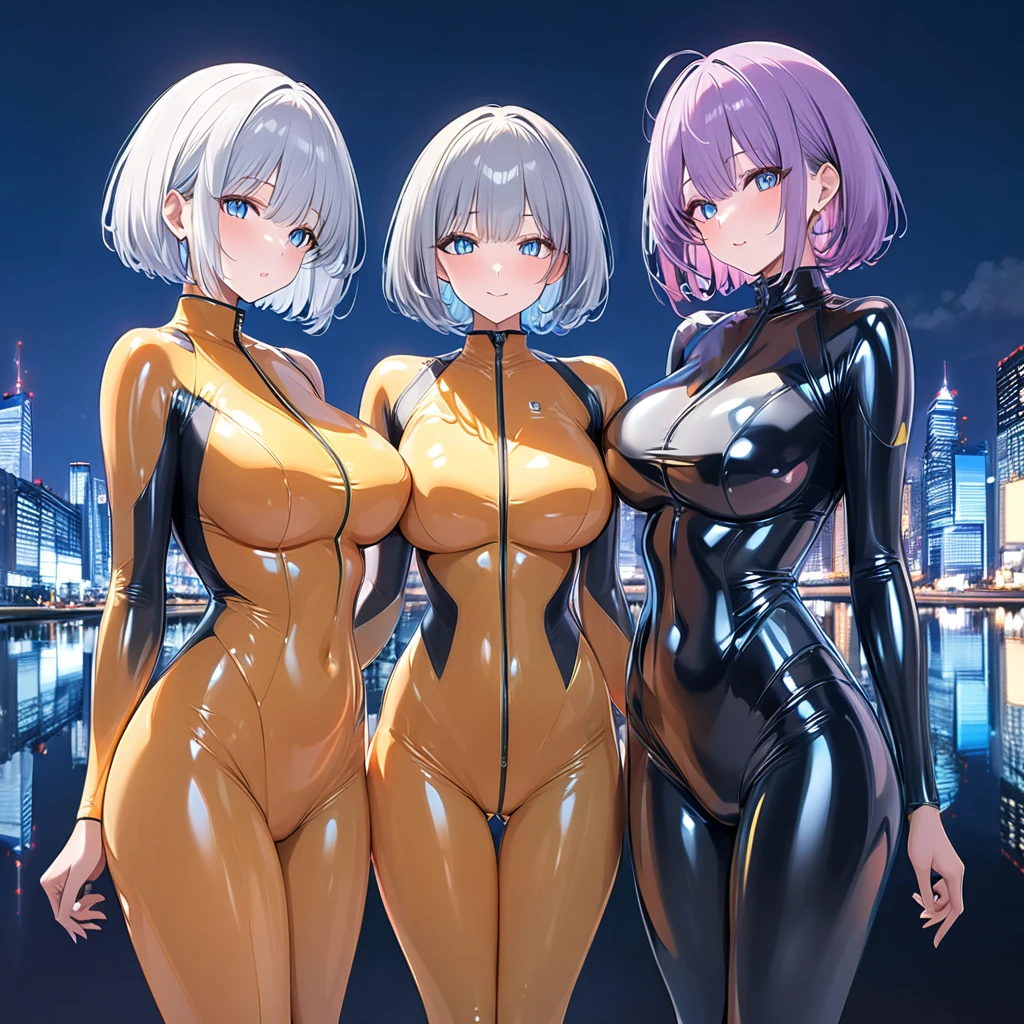 (Multiple girls),(最High image quality, 8k, masterpiece:1.3), (24 years old:1.5), (Grey Hair), ( bob cut ), (Oblique sky blue eyes), ((全身 rubber suit、 black、yellow line、no zipper 、 rubber suit、Gloss、reflection、Perfect fit、Full body shot、City、Office District、Night view)), ([Ultra Clear:1.5), (Glossy skin:1.1),(Pale skin:1.1),High image quality、Clear contours