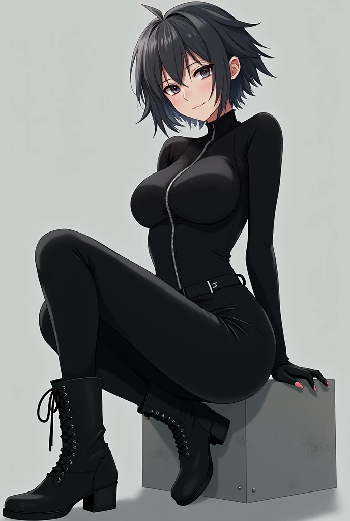 Pelo largo hasta las rodillas, pelo negro, ojos celestes, labios rojos, tetas grandes, con poca ropa, con chaqueta, falda corta, medias altas , zapatos botines.