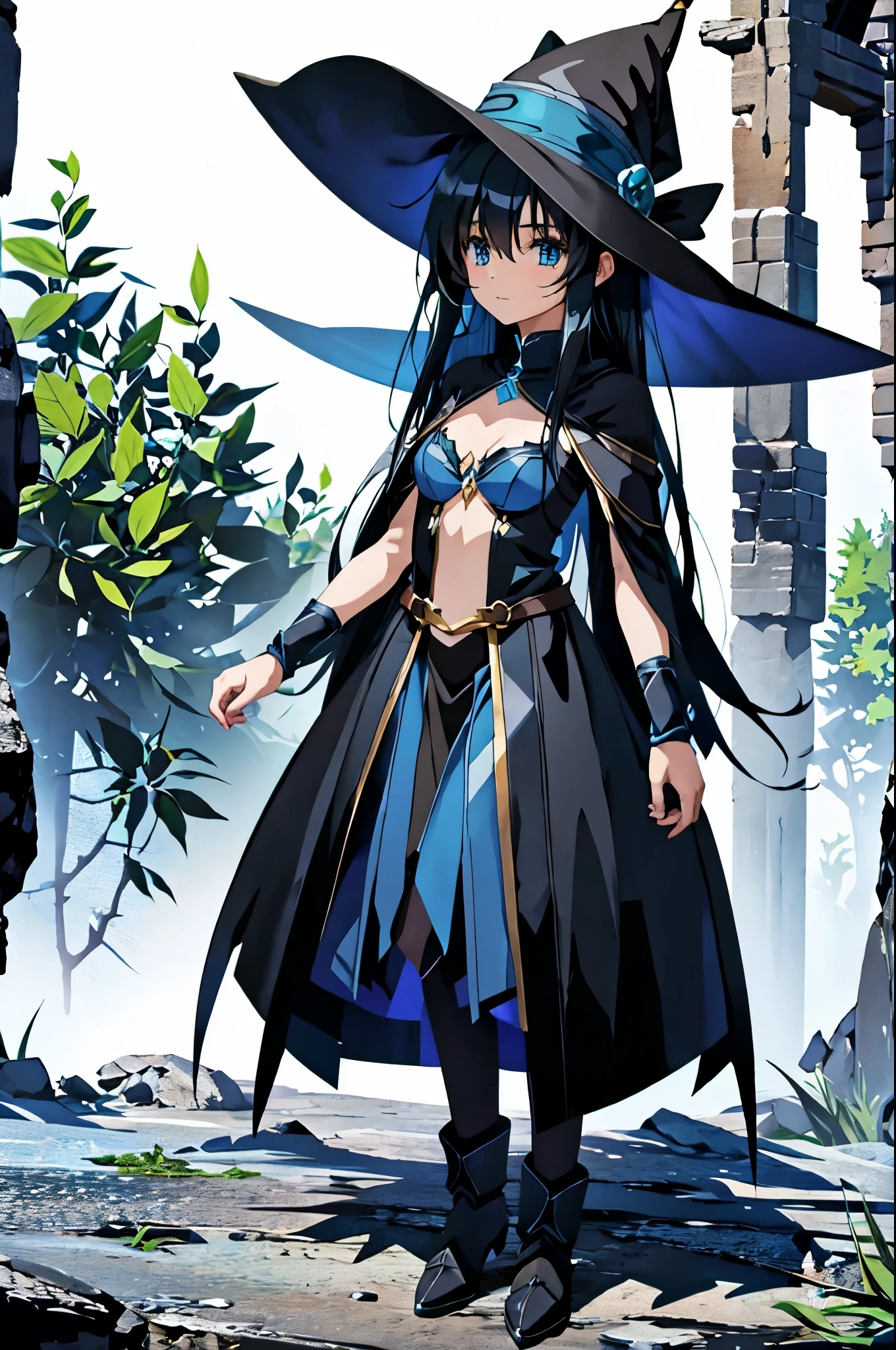 1girl,fantasy magic user , blue witch hat, black long hair, blue and white cloth , standing, put hands on body, full body, green background