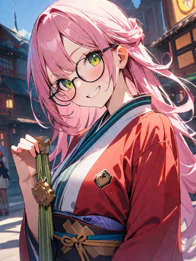   Ultra-fine,masterpiece,  Awards ,Best Quality,1 person,cute ,kimono, girl, spiral hair ,   pink hair,Long Hair,Round Glasses,Clear skies,Reflected Light,Introvert,The best smile,Green Eyes,fantasy city,