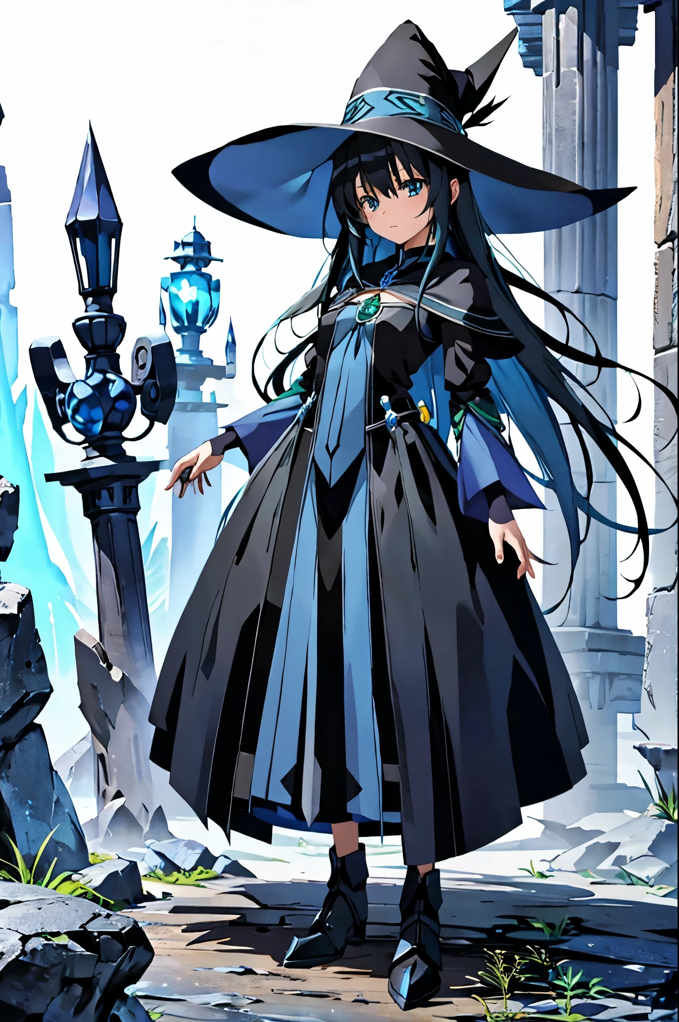 1girl,fantasy magic user , blue witch hat, black long hair, blue and white cloth , standing, put hands on body, full body, green background