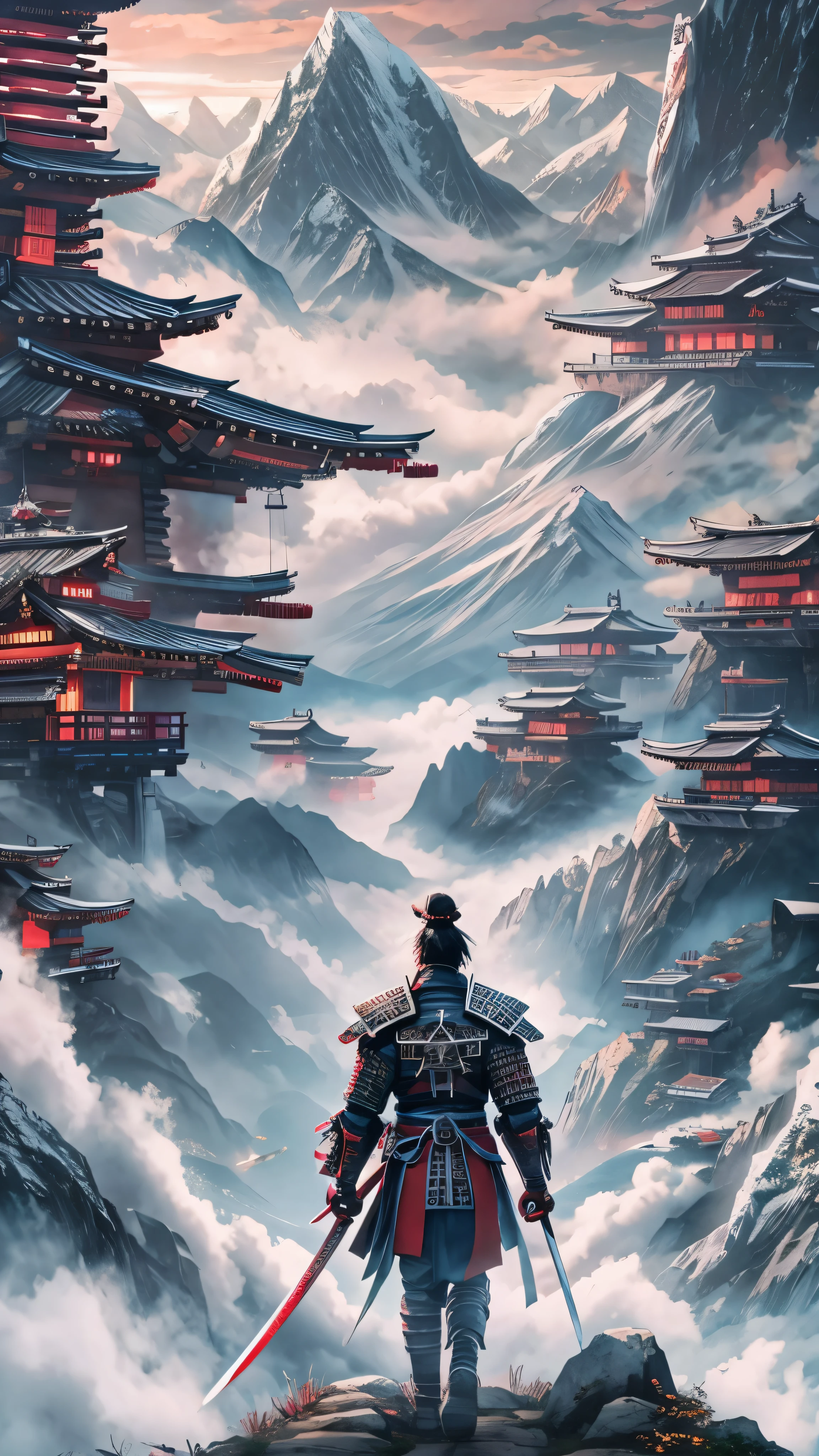 With high definition images，  wide shot, Sea of clouds in the background, CyberRonin, ( cyber samurai:1.2)A samurai stands in a village at the foot of a mountain