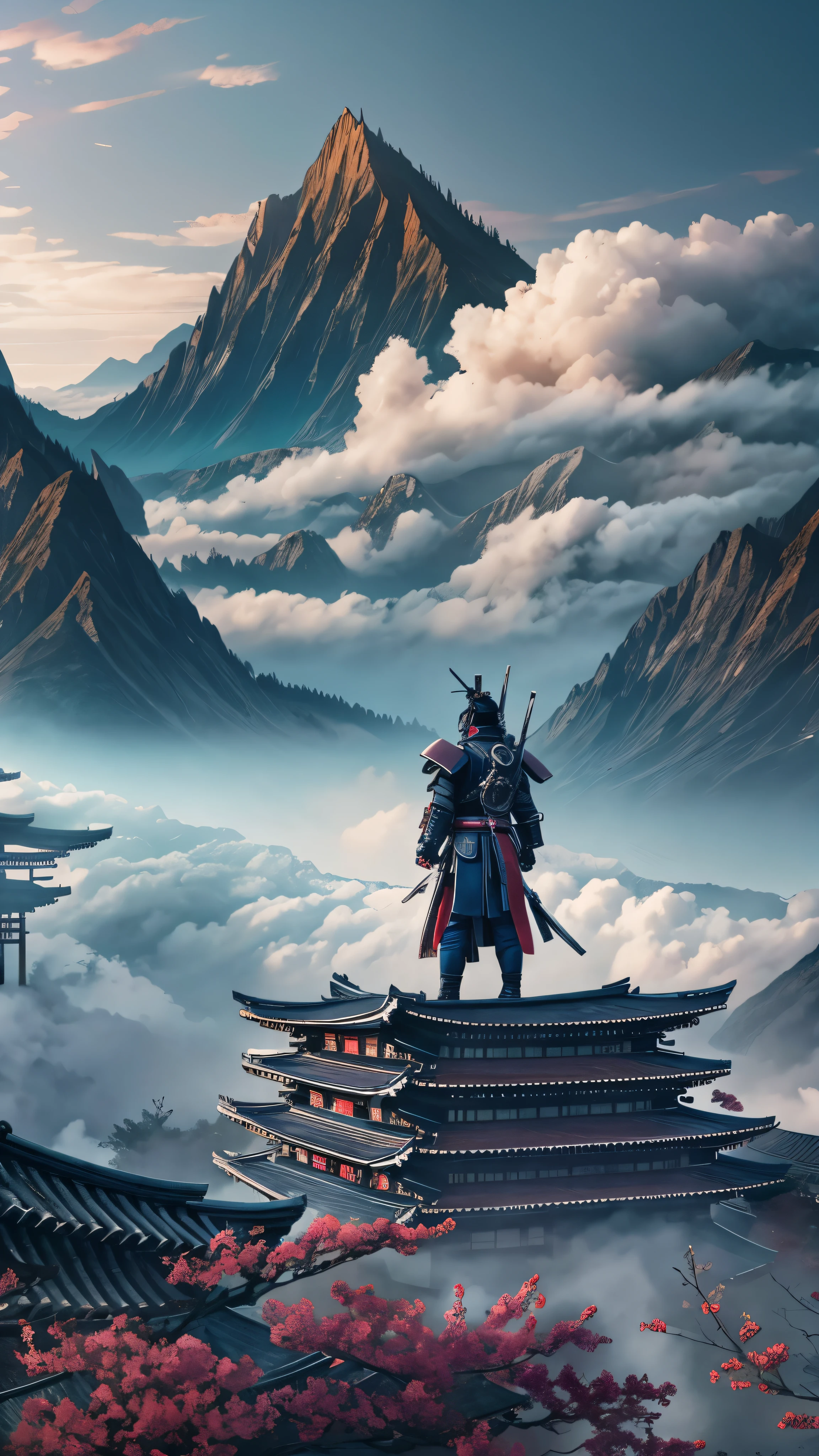 With high definition images，  wide shot, Sea of clouds in the background, CyberRonin, ( cyber samurai:1.2)A samurai stands in a village at the foot of a mountain