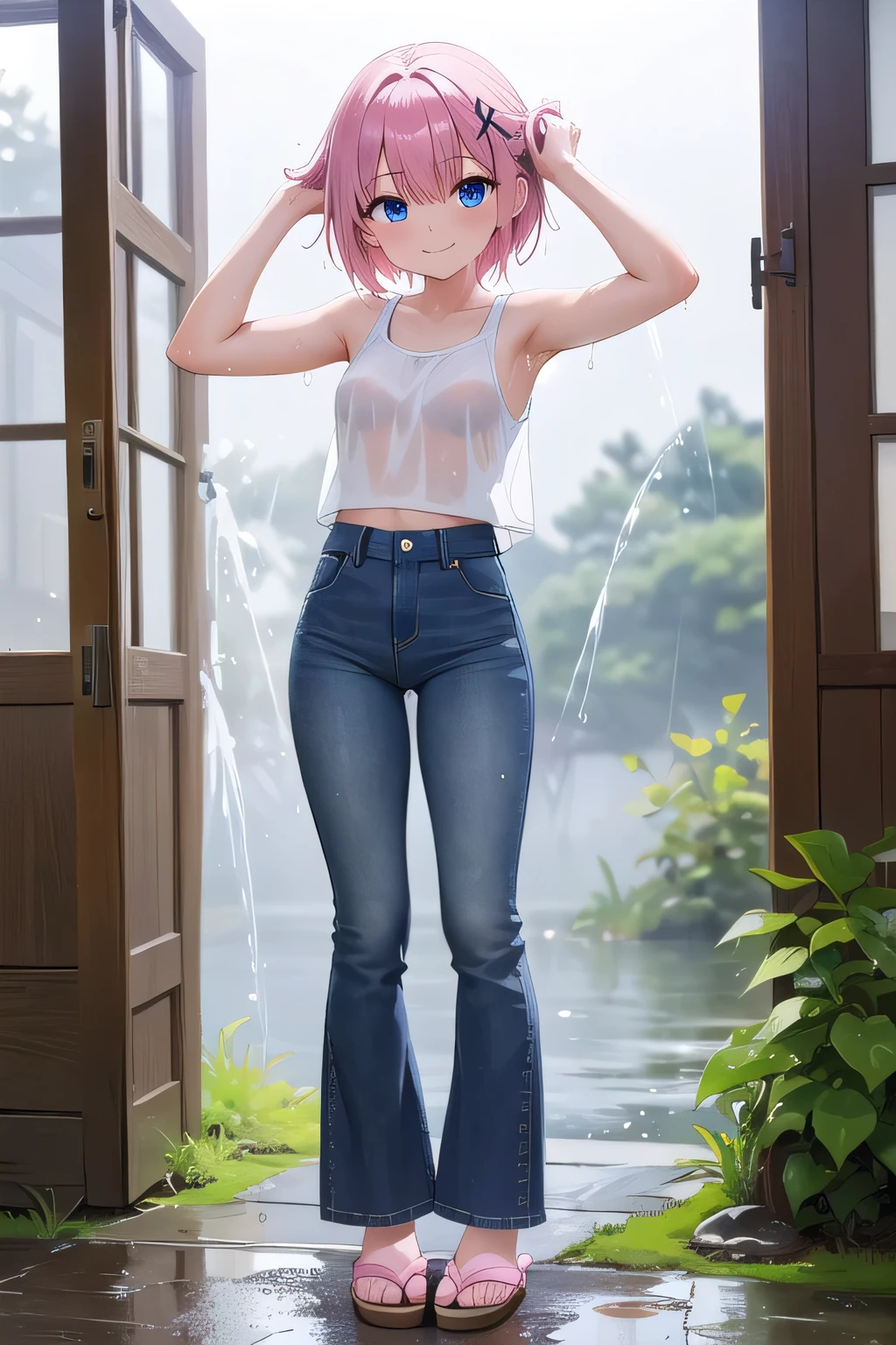 masterpiece,best quality,pyra,white shirt, wet shirt, see through,belt, denim, jeans, pants, full body,rain,<lora:homura_v1:1>